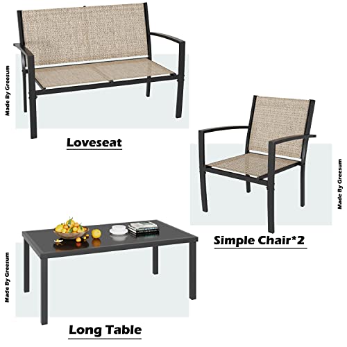 Greesum 4 Pieces Patio Furniture Set, Outdoor Conversation Sets for Patio, Lawn, Garden, Poolside with A Glass Coffee Table, Beige