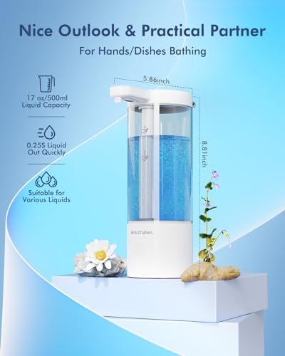 BEAUTURAL Automatic Liquid Soap Dispenser Touchless Rechargeable Sensor Pump for Bathroom Countertop, Kitchen and Commercial 17oz/500ml