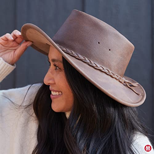 Minnetonka Unisex Fold Up Hat - Flat Brimmed Cowboy Hat Crafted with Portable Fold-Up Design and Reinforced Brim and Handmade from The Leather, Black, Small