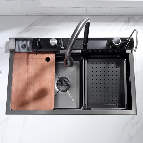 Lefton 29.5"x 18.25" 304 Stainless Steel Kitchen Workstation Sink with Pull-down Faucet, Waterfall & Rainfall Outlet, Temperature Display in Tempered Glass, Grey, KS2206