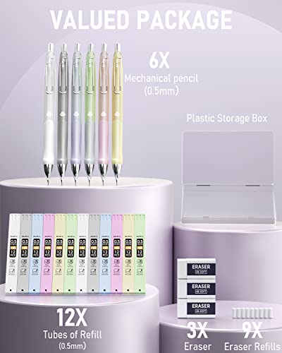 Nicpro 6PCS Pastel Mechanical Pencil Set 0.5 mm, Cute Mechanical Pencils with Comfort Grip with 12 Tubes HB Lead Refill, 3 Eraser, 9 Eraser Refills for Student Writing, Drawing, Sketching- with Case