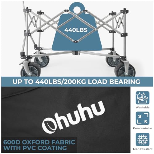 Wagon Cart Foldable Utility Wagons: Ohuhu 200L/440LB Capacity Beach Wagon with Big Wheels for Sand, Collapsible Folding Garden Carts, Heavy-Duty Grocery Wagons for Sports Camping Picnic Shopping