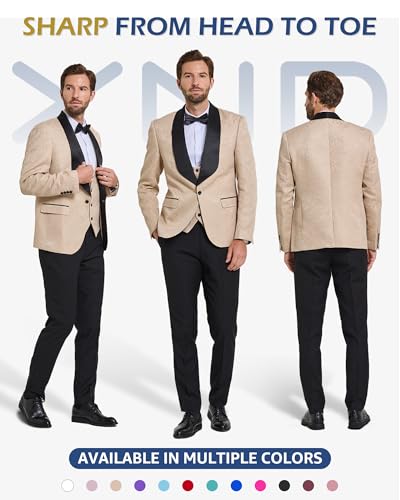 YND Men's 3 Piece Luxury Tuxedo Set, Jacquard Slim Fit Shawl Lapel Jacket Vest & Pants with Bow Tie, Premium Tuxedo for Men, Red