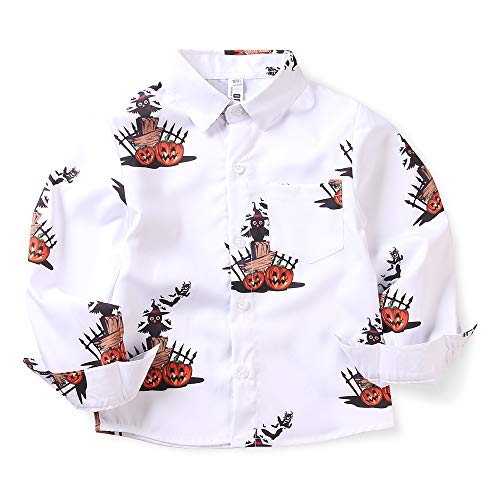 OCHENTA Boys Halloween Shirt Button Down Shirt Long Sleeve Pumpkin Owl Print Hawaiian Tops 5 White Tag 100CM - 2T