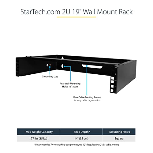 StarTech.com 2U Wall Mount Network Rack - 14 in Deep (Low Profile) - 19" Patch Panel Bracket for Shallow Server, IT Equipment, Network Switches - 77lbs/35kg Weight Capacity, Black (RACK-2U-14-BRACKET)