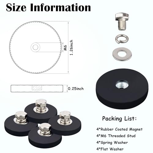 4 Pack Strong Rubber Coated Magnets with 1/4-20 Male Threaded Stud, Heavy Duty Neodymium Magnet, Powerful Magnet Mounting Base for Camera Light Bar Iron Tools Mirror Equipments