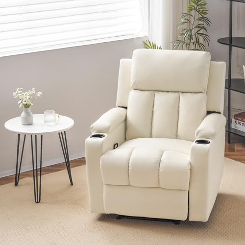 Furnimart Manual Recliner Chair for Adults, Reclining Sofa Chair with Extended Footrest Cup Holders for Elderly People, Faux Leather Single Recliner Nursery Chair for Theater Living Room (PU Beige)