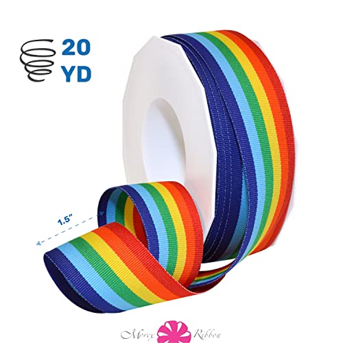 Morex Ribbon 99509/20-815 Grosgrain 1.5" X 20 YD Polyester Striped Rainbow Ribbons for Crafts, Grosgrain Ribbon Pride Decorations Unicorns Gifts for Girls, Gift Wrap Ribbon w/Pride Flags