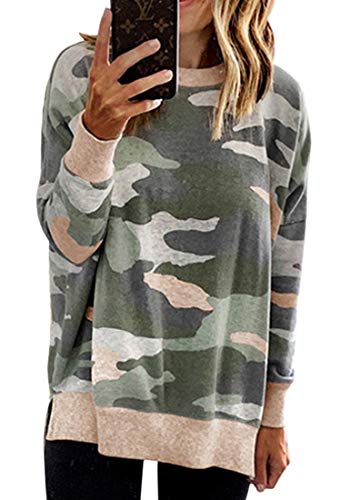 ECOWISH Women Side Split Sweatshirt: Fall Crewneck Long Sleeve Oversized Striped Shirts Casual Contrast Pullover Tops 413 Pink Green XL
