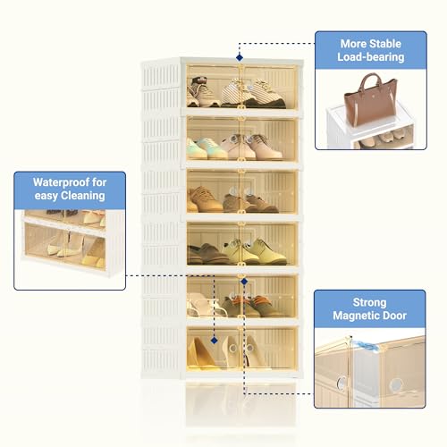 FLEXIMOUNTS Shoe Rack Organizer Storage Box 6 Tiers-12 Pairs, Portable Folding Shoe Rack for Closet Entryway, Collapsible Shoe Cabinet with Magnetic Clear Door for Front Door Entrance