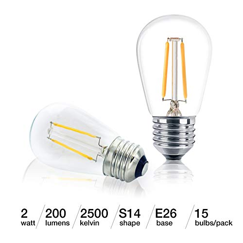 Brightech Ambience PRO Replacement Plastic LED Light Bulbs, 2 Watt Vintage LED Edison Bulbs, 2500K Warm White Dimmable Outdoor String Lights Bulbs, E26 Base - 15 Pack