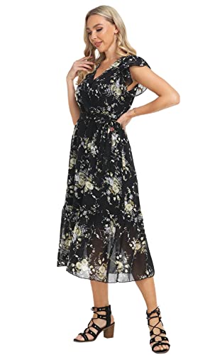 VintageClothing Womens Sundress Casual Floral Summer Boho Dress Flowy Wrap V Neck Ruffle A-Line Pleated Hem Midi Dresses, L