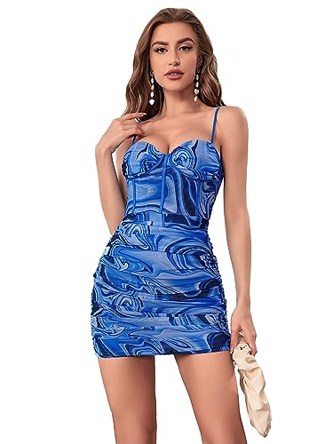 WDIRARA Women's Ruched Mesh Bustier Bodycon Mini Dress Sleeveless Summer Cami Pencil Dresses Black S