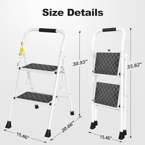 HBTower Step Ladder, 2 Step Stool for Adults,2 Step Ladder Folding Step Stool with Cushioned Handle,330 lbs Capacity,Step Ladder with Wide Anti-Slip Pedal Ergonomic Design,White