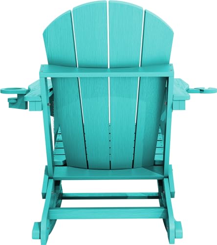 KINGYES Folding Adirondack Rocking Chair with Retractable Ottoman and Cup Holders, 4-in-1 Multifunctional HDPE Adirondack Chair for Porch, Patio, Balcony, Aqua Blue