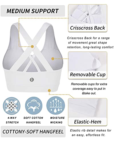 RUNNING GIRL Sports Bra for Women, Criss-Cross Back Padded Strappy Sports Bras Medium Support Yoga Bra with Removable Cups(2353D-White,XXL)