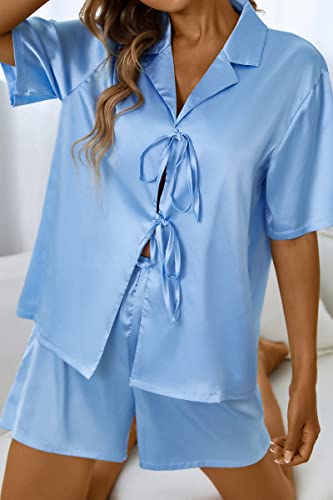 CHYRII Women's Silk Satin Pajamas Sets Tie Front Short Sleeve Tops and Shorts Two Piece Pj Sets Sleepwear Burgundy S