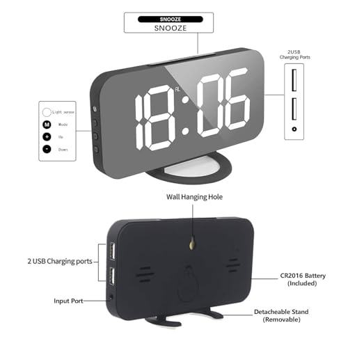 Miowachi Digital Alarm Clock,Large Mirrored LED Clock,Snooze,Dim Night Light 2 USB Charger Ports Desk Alarm Clocks for Bedroom Decor (Black)