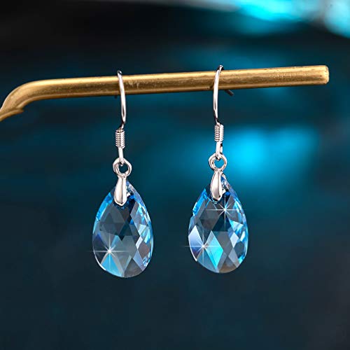 Teardrop Austrian Crystal Drop Dangle Earrings for Women 925 Sterling Silver Hook Hypoallergenic Earring (Topaz)