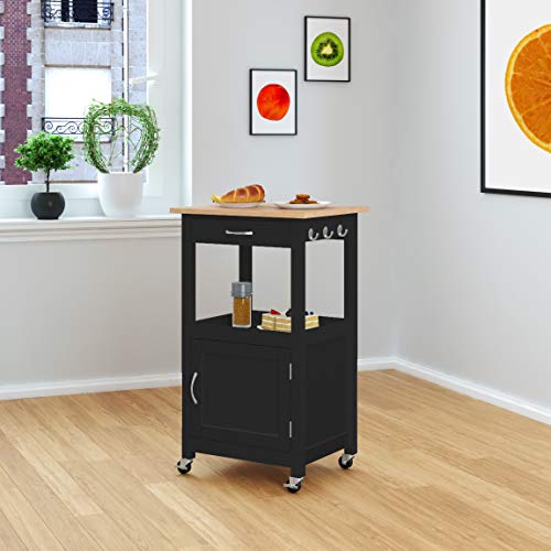 eHemco Kitchen Island Cart on Wheels with Drawer, Storage Cabinet, Shelf and Natural Solid Hardwood Top, Black Base