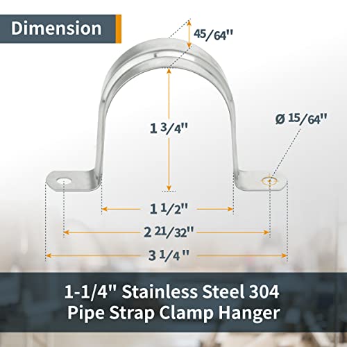 POWERTEC 71664 1-1/2” Pipe Strap Clamp Hanger Set for 38-40mm OD Pipes, 2 Hole Mount U Bracket Rigid, Stainless Steel 304-20 PCS
