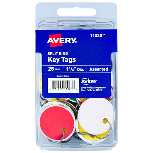 Avery Metal Rim Key Tags, 1.25" Diameter Tag, Metal Split Ring, Assorted Colors, 25 Tags (11020)