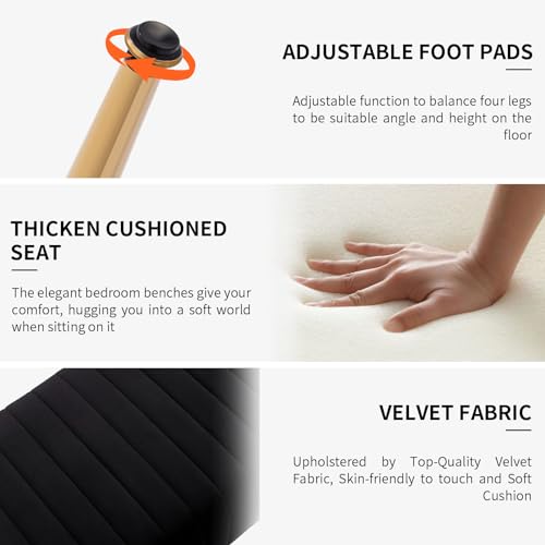 Furnimart 44 Inch Bedroom Ottoman Bench, Black Upholstered End of Bed Bench with Gold Legs for Living Room Bedroom Dinning Room Entryway, Black