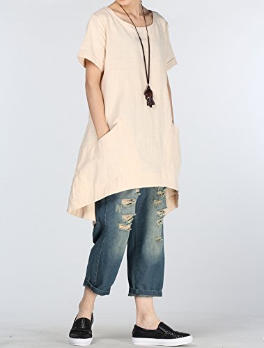 Minibee Women's Cotton Linen Short Sleeve Tunic/Top Tees (M, Beige)