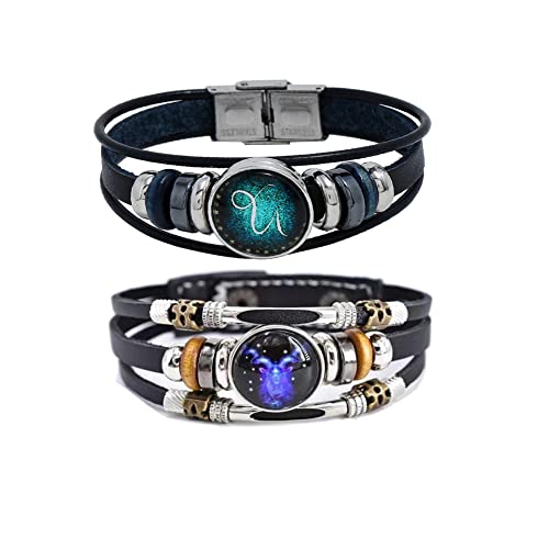 Constellation Zodiac Capricorn Bracelet Handmade Woven Multilayer Zodiac Sign Leather Wrap Bracelet Wristband for Women Men Jewelry Gift 2Pcs Set