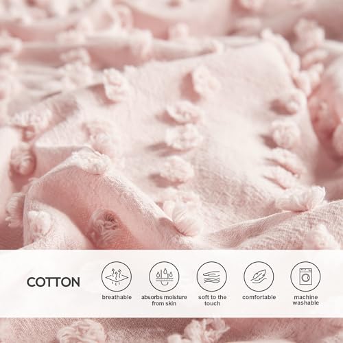 Comfort Spaces Cotton Comforter Set Jacquard Pom-Pom Tufts Design, Down Alternative, All Season Modern Bedding, Matching Shams, Twin/Twin XL, Phillips, Blush
