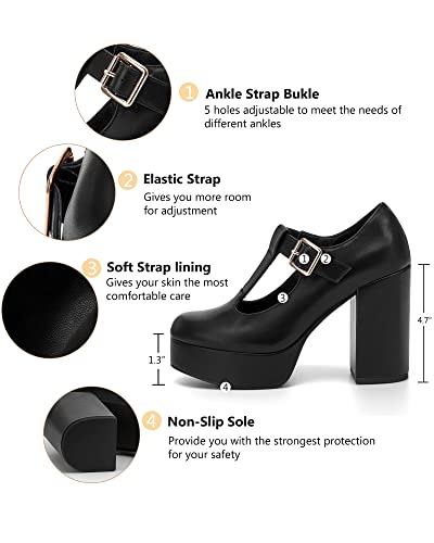 Coutgo Black Platform Heels for Women T-Strap Patent Chunky Heel Mary Jane Shoes