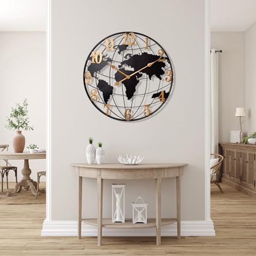 Large World Map Wall Clock, Metal Minimalist Modern Clock,Round Silent Non-Ticking Battery Operated Wall Clocks for Living Room/Home/Kitchen/Bedroom/Office/Farmhouse Decor (24 Inch)