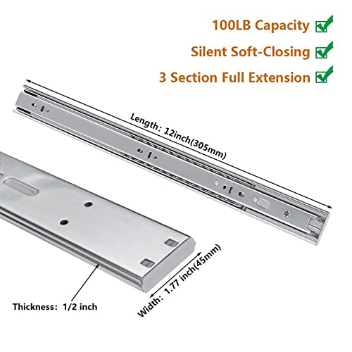 LONTAN 1 Pair 12 Inch Side/Rear Mount Soft Close Drawer Slides 9.76" Extension 3 FOLD Drawer Glides - 4502S3-12 Drawer Slides Bottom Mount Heavy Duty 100 LB Drawer Runners