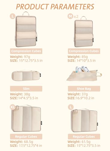 Bagail Ultralight Packing Cubes 7 Set, 3 Compression Packing Cubes 3 Packing Organizers With 1 Shoe Bag-Beige