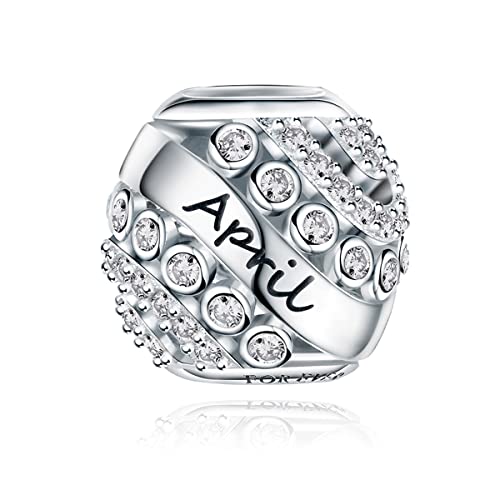 FOREVER QUEEN April Birthstone Charms for Bracelet 925 Sterling Silver Bead Openwork Charms, Happy Birthday Charms for Bracelet and Necklace