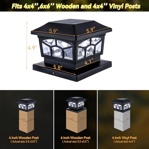 Solar Lights For Fence Post Cap Outdoor Deck Lights Solar Powered Waterproof 8 LEDs for 4x4/6x6 Wooden/Vinyl Posts Two Light Modes Warm/Cool White Decor for Garden Deck Patio. (Black, set of 2)