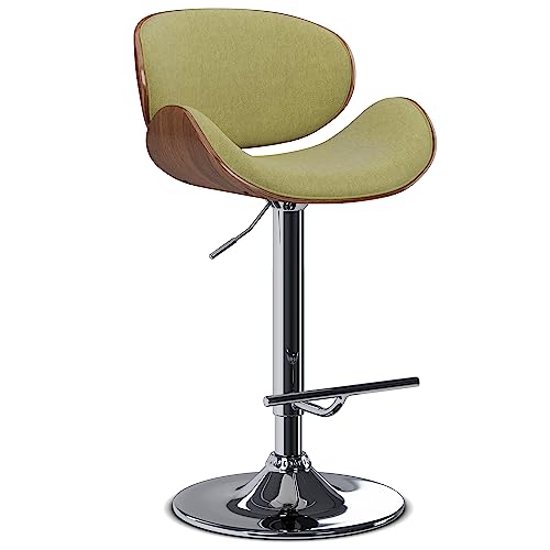 SIMPLIHOME Marana 33 Inch Wide Mid Century Modern Bentwood Adjustable Height Gas Lift Bar Stool in Acid Green Polyester Linen Fabric, for The Dining Room and Kitchen