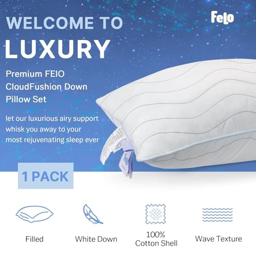 felo Feather Down Pillow Queen Size, CloudFusion Goose Down Pillow for Sleeping, Hotel Collection Bed Pillow for Side Back Pain Sleepers (20" x 30")