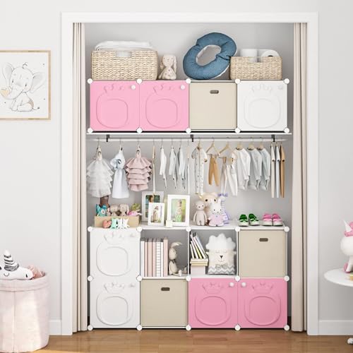 MAGINELS Kids Wardrobe Closet,Baby Closet Cabinet with Door.Baby Girls Closet Armoires Organizer for Bedroom.The Open Hanging Children Costume Area and 6 Cube Stroage.Pink(28x14x56inch)