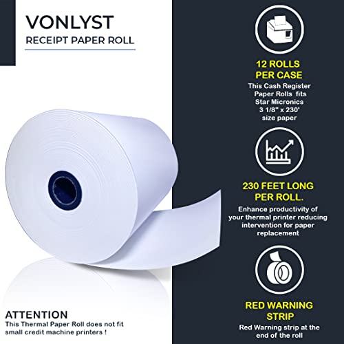 Vonlyst Receipt Paper Roll 3 1/8 x 230 for Square Register and Square POS System connected to Star Micronics Thermal Printer (Pack 12 rolls)