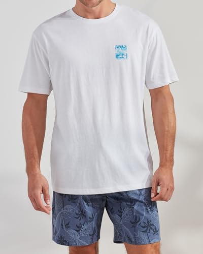 CARIBBEAN JOE Men's Sleep Set, Tropical Fronds Shorts and Blue Crew Neck T-Shirt Pajamas, Lightweight Novelty PJs