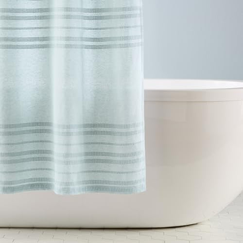 TOWN & COUNTRY EVERYDAY Sophia Textured Solid Cotton-Rich Breathable Fabric Shower Curtain with Reinforced Buttonhole Top Hem, Aqua Blue, 70"x72"