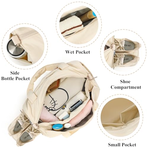 LEDAOU Duffle Bag for Travel, Gym Bag for Women, Lightweight Carry-on Tote, Weekender Overnight Bag with Wet Pocket, Workout Bag (Beige)