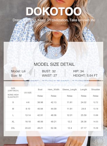 Dokotoo Cute Tops for Women Floral Print Round Neck Smocked Ruffle Short Puff Sleeve Blouses Stylish Summer Shirts Babydoll Chiffon Clothing for Women Resort Wear Sky Blue M