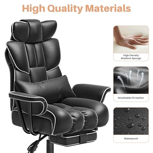 GXJ Big and Tall Office Chair 400lbs Wide Seat, Comfy Reclining Office Chair with Footrest, High Back Executive Office Chair with Removable Lumbar Support, Home Office Computer Desk Chair