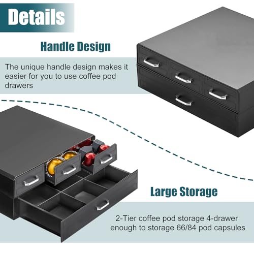 K Cup Holder Drawer 66/88 Pods Capacity, Four Drawers Design for Nespresso Pods Holder, Coffee Pod Holder Compatible With Keurig Pod Organizer&Nespresso/K-Cup/Vertuo Pod Holder, Black