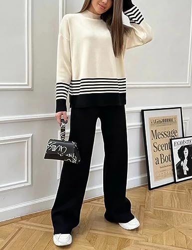 Tanming Women's Lounge Sets 2 Piece Outfits Knitted Pullover Sweater Tops Wide Leg Pants Tracksuit (Black-S)