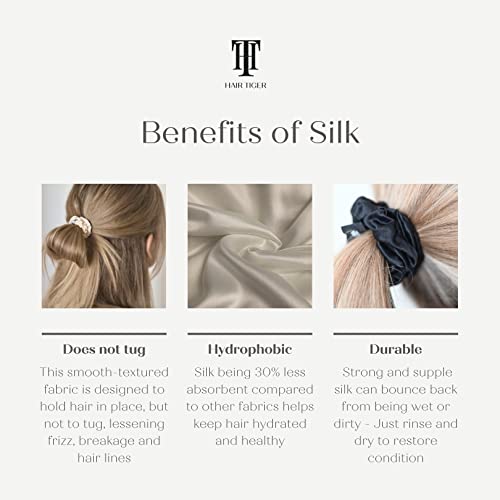 Hair Tiger 100% Mulberry Silk Scrunchies Perfect for Sleeping, Hypoallergenic and Gentle Silk Hair Ties to Prevent Frizz, Tangles and Breakage (Medium and Skinny) (Black and Taupe), Set of 4