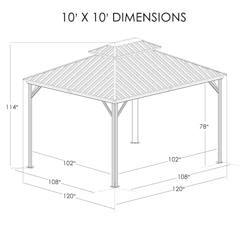 Kozyard Caesar 10'x10' Hardtop Gazebo - Permanent Metal Pavilion with Netting and Shaded Curtains for Patio, Backyard, and Deck - Galvanized Steel Outdoor Aluminum Canopy, Double Roof Gazebo (Brown)