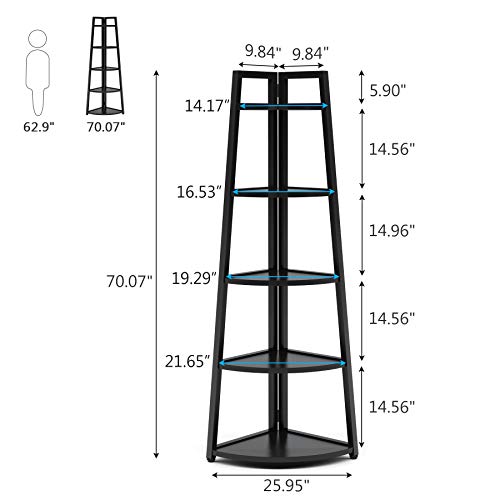 Tribesigns 70 inch Tall Corner Shelf, 5 Tier Modern Corner Bookshelf Bookcase Industrial Corner Ladder Shelf Plant Stand for Living Room, Kitchen, Home Office (Black)